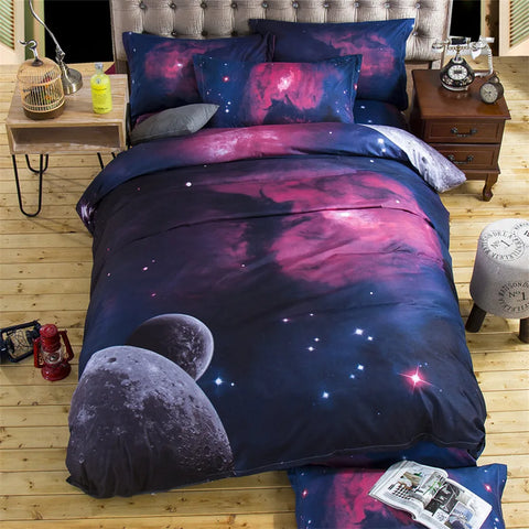 Parure De Lit 3 Pièces Imprimée Galaxie Planètes – Thème Spatial, Vue Terre Depuis La Lune – Housse De Couette + Taies D'oreiller - 12